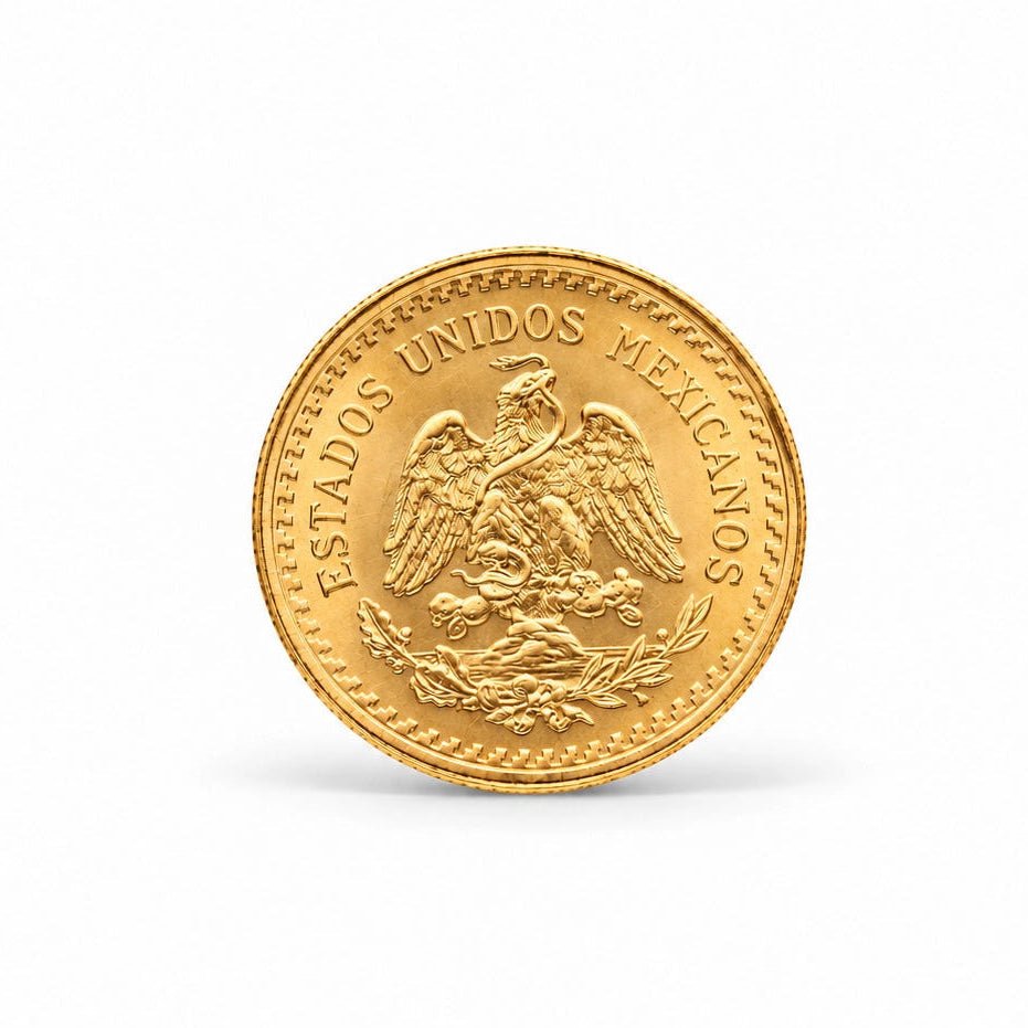 Face da moeda de 2,5 pesos mexicanos em ouro com águia e inscrição Estados Unidos Mexicanos