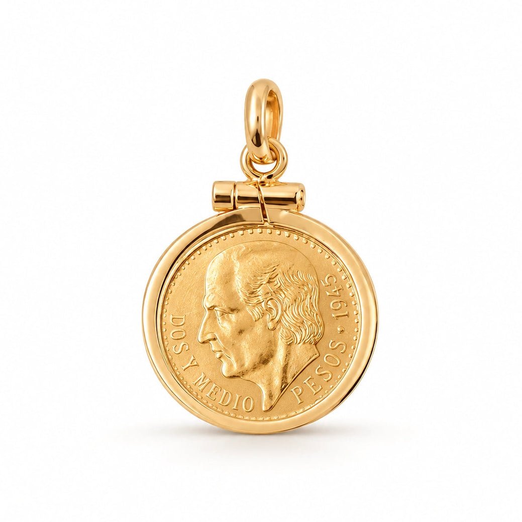 Moeda mexicana de 2,5 pesos de 1945 em ouro de 21,6kl com aro simples de ouro 19kl