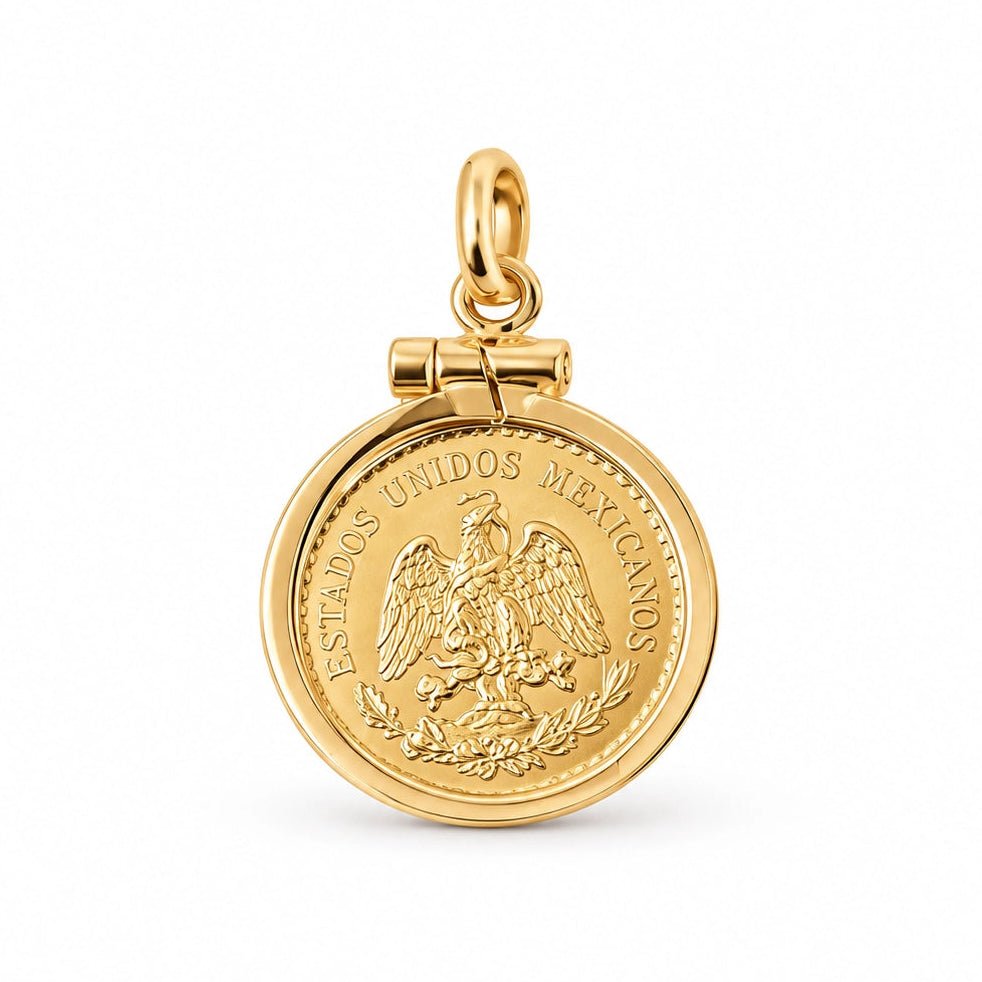 Relevos da moeda mexicana de 2,5 pesos de 1945 envolvida por aro simples em ouro.