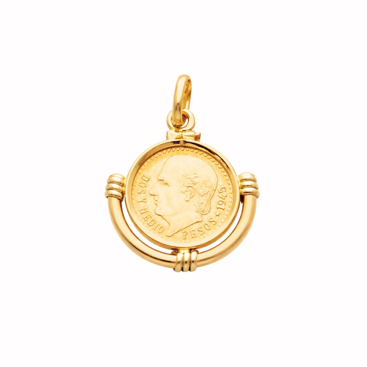 Moeda de 2.5 Pesos Mexicanos em Ouro de 22kl com Aro Meia Lua em Ouro de 19kl - Loja do Ouro