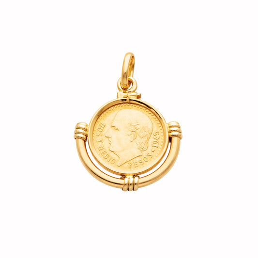 Moeda de 2.5 Pesos Mexicanos em Ouro de 22kl com Aro Meia Lua em Ouro de 19kl - Loja do Ouro