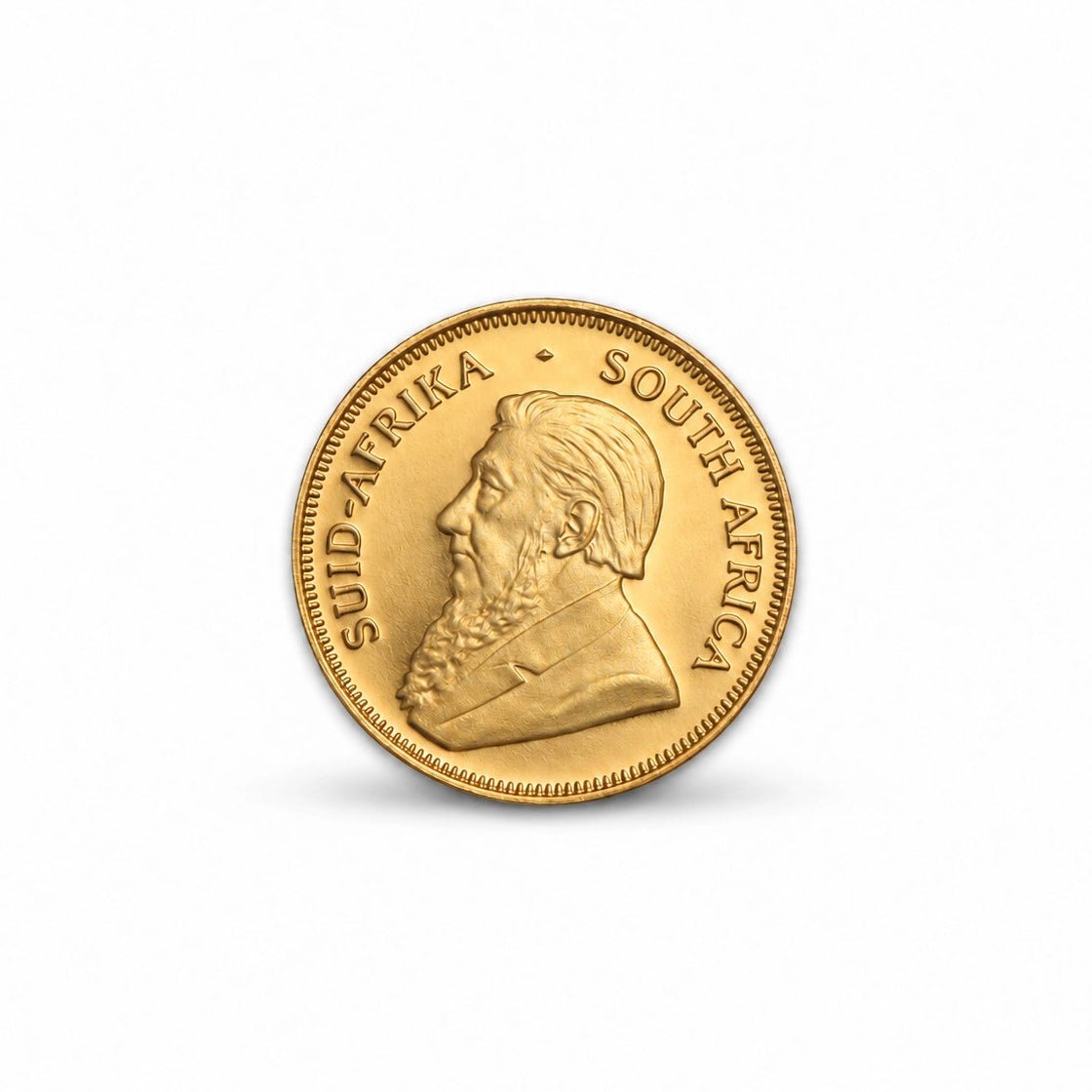 Moeda sul-africana Krugerrand de 1/10 de onça de ouro fino, cunhada em ouro de 22 quilates.