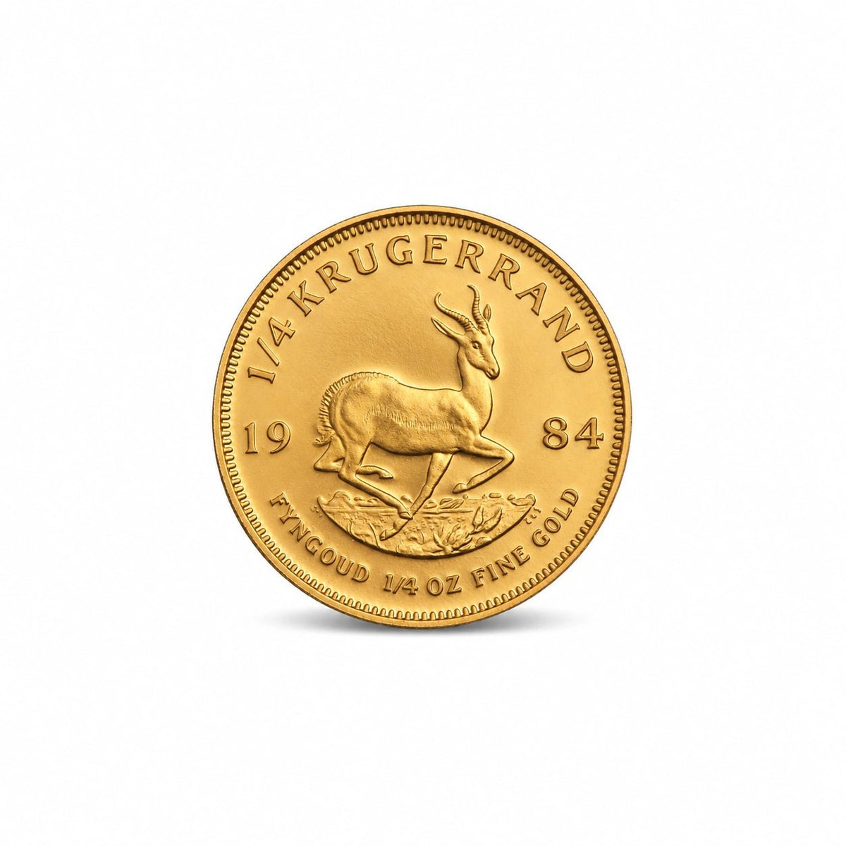Pormenores gravados da moeda Krugerrand de 1/10 de onça em ouro de 22 quilates.