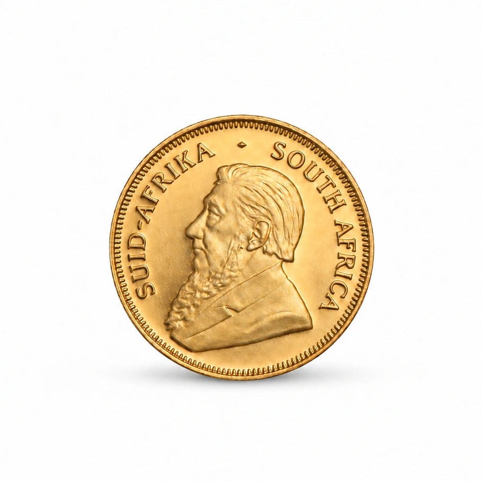 Moeda Krugerrand de 1/4 de onça de ouro fino, em liga de ouro de 22 quilates.