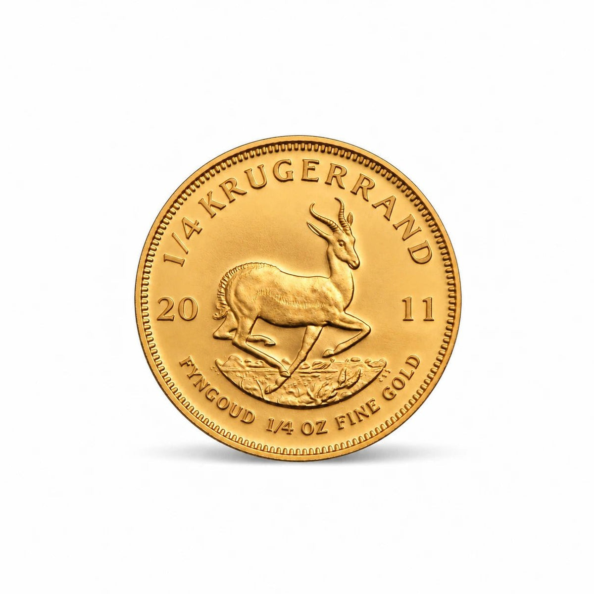 Relevos da moeda Krugerrand de 1/4 oz em ouro de 22 quilates.