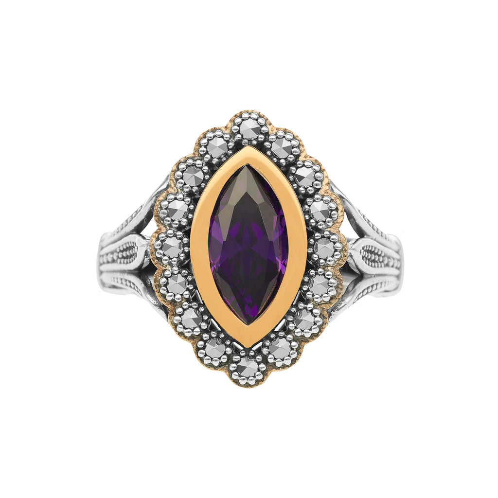 Anel Oval em Prata e Ouro 9kl com Pedra Roxa