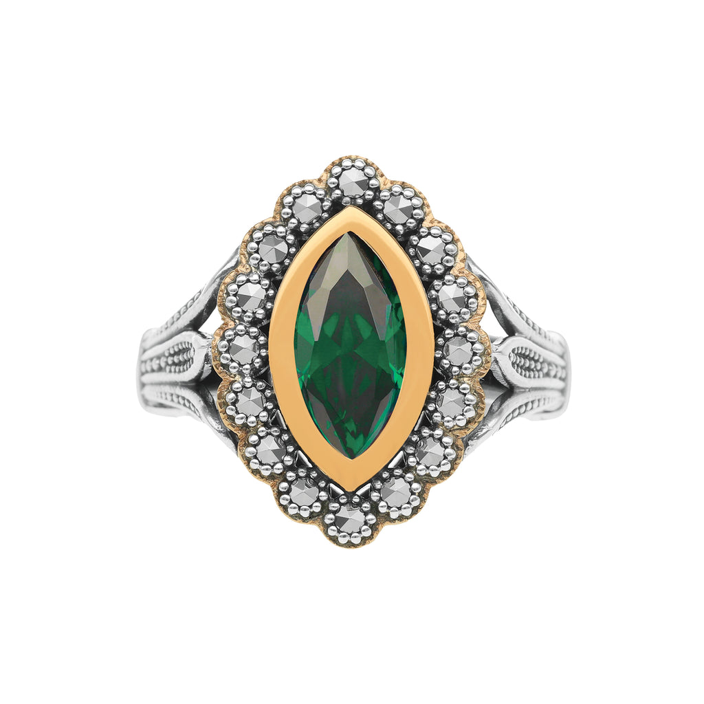 Anel Oval em Prata e Ouro 9kl com Pedra Verde