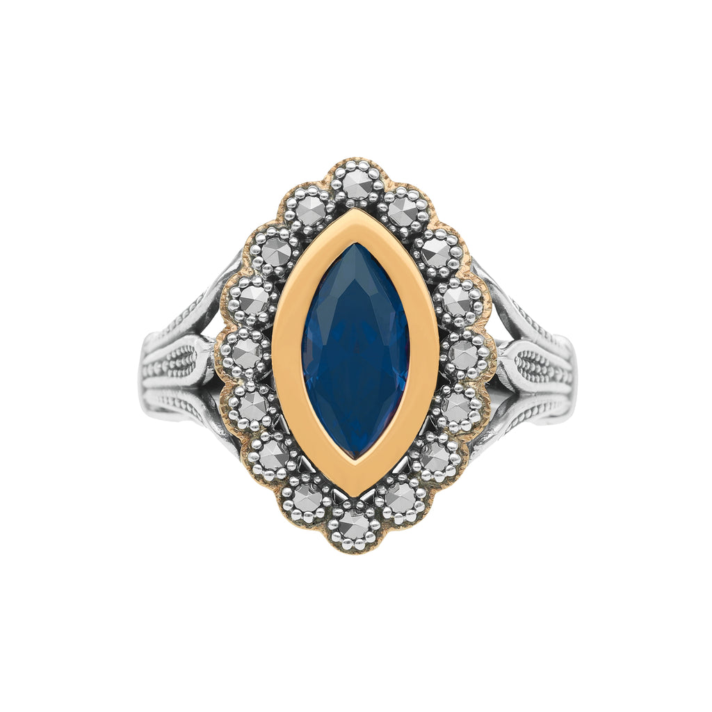 Anel Oval em Prata e Ouro 9kl com Pedra Azul Royal