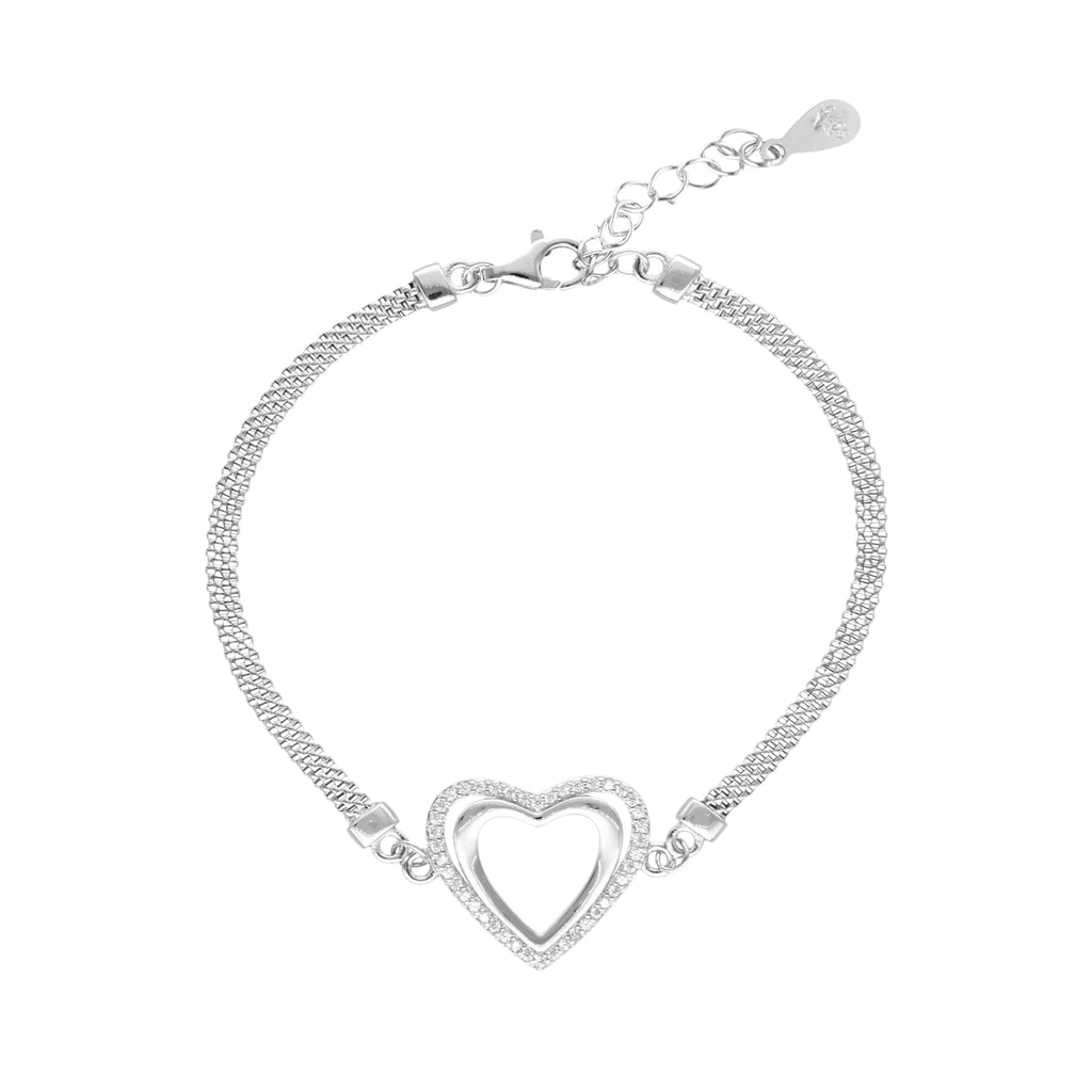 Pulseira em Prata com Malha Caixa e Coração Duplo