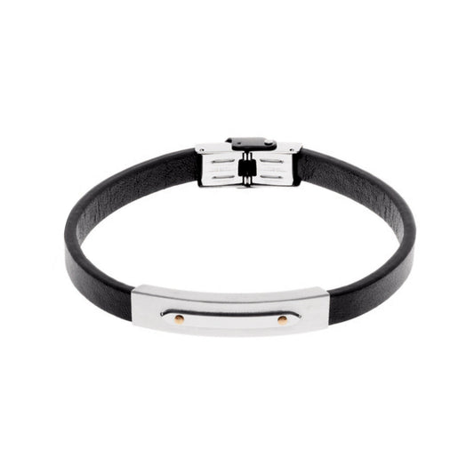 Pulseira Atlas em Couro Preto com Chapa em Aço - Loja do Ouro
