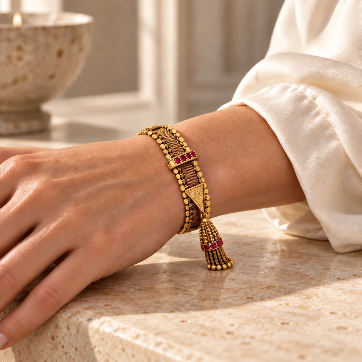 Pulseira bracelete em ouro de 19kl com pedras rosa cravejadas