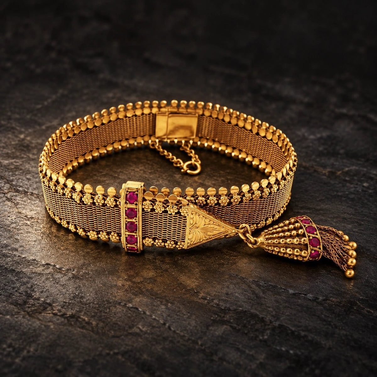 Pulseira bracelete larga com pedras rosa cravejadas em ouro de 19kl