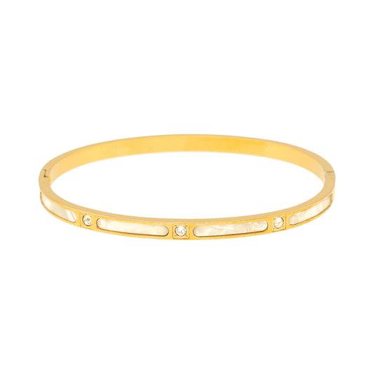 Pulseira Celeste em Aço Dourado com Brilhantes e Madrepérola - Loja do Ouro