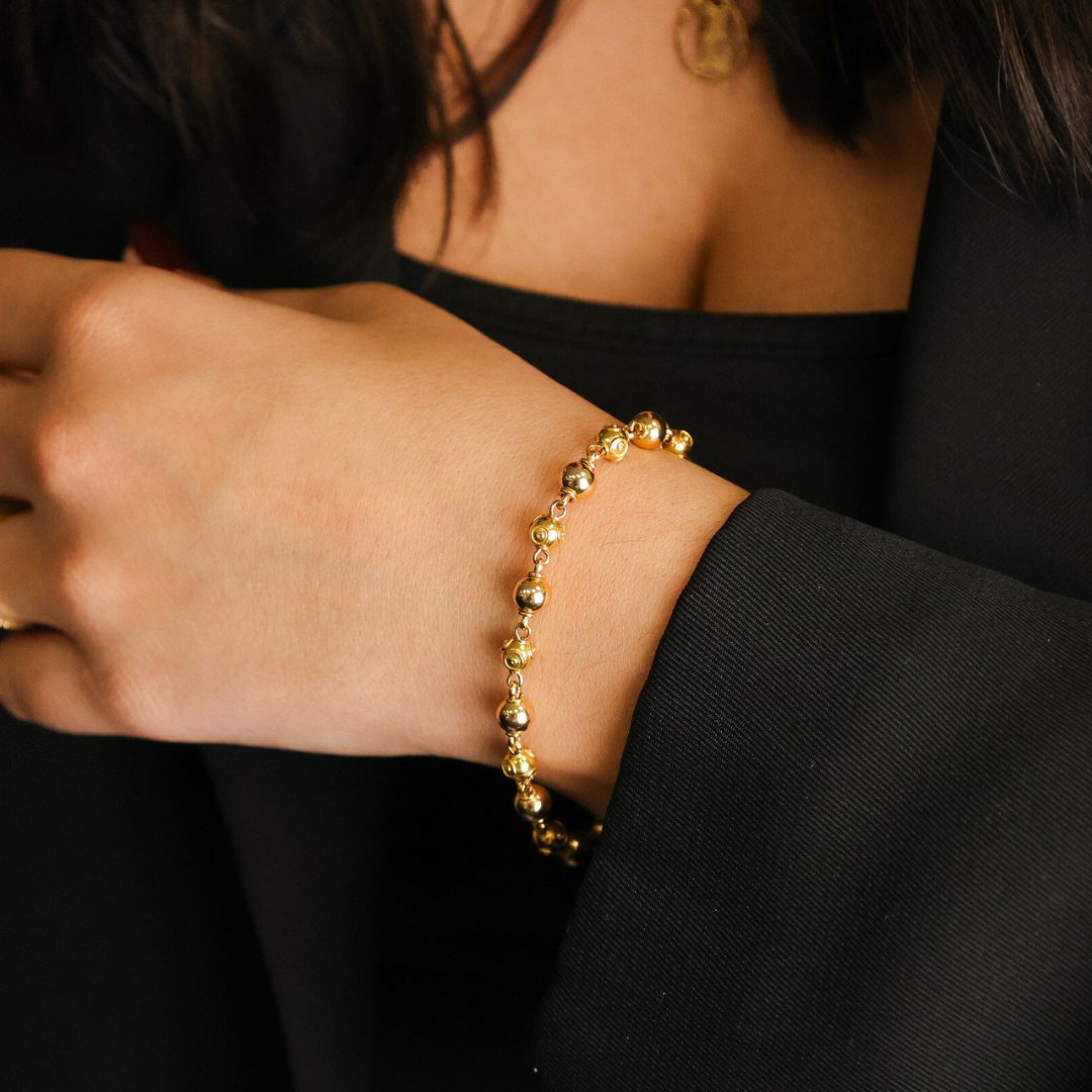 Pulseira Contas de Viana e Bolas Lisas em Ouro 19kl (17cm) - Loja do Ouro