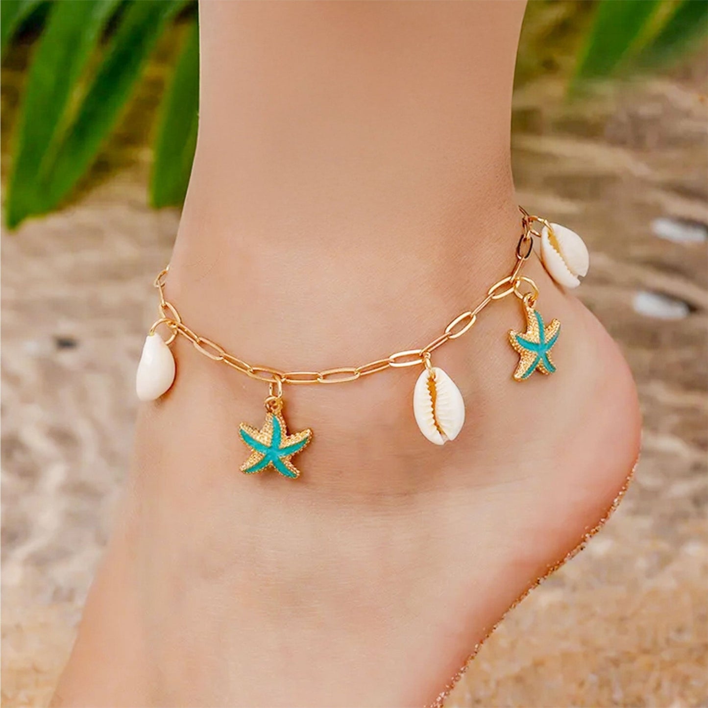 Pulseira de Pé em Aço Inoxidável com Búzios e Estrelas Turquesa - Loja do Ouro