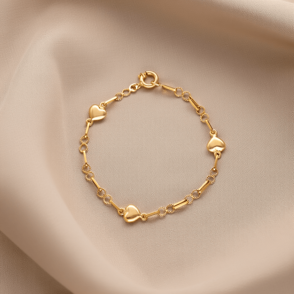 Pulseira Elos em Ouro 19kl com Corações para Criança (13.5cm) - Loja do Ouro