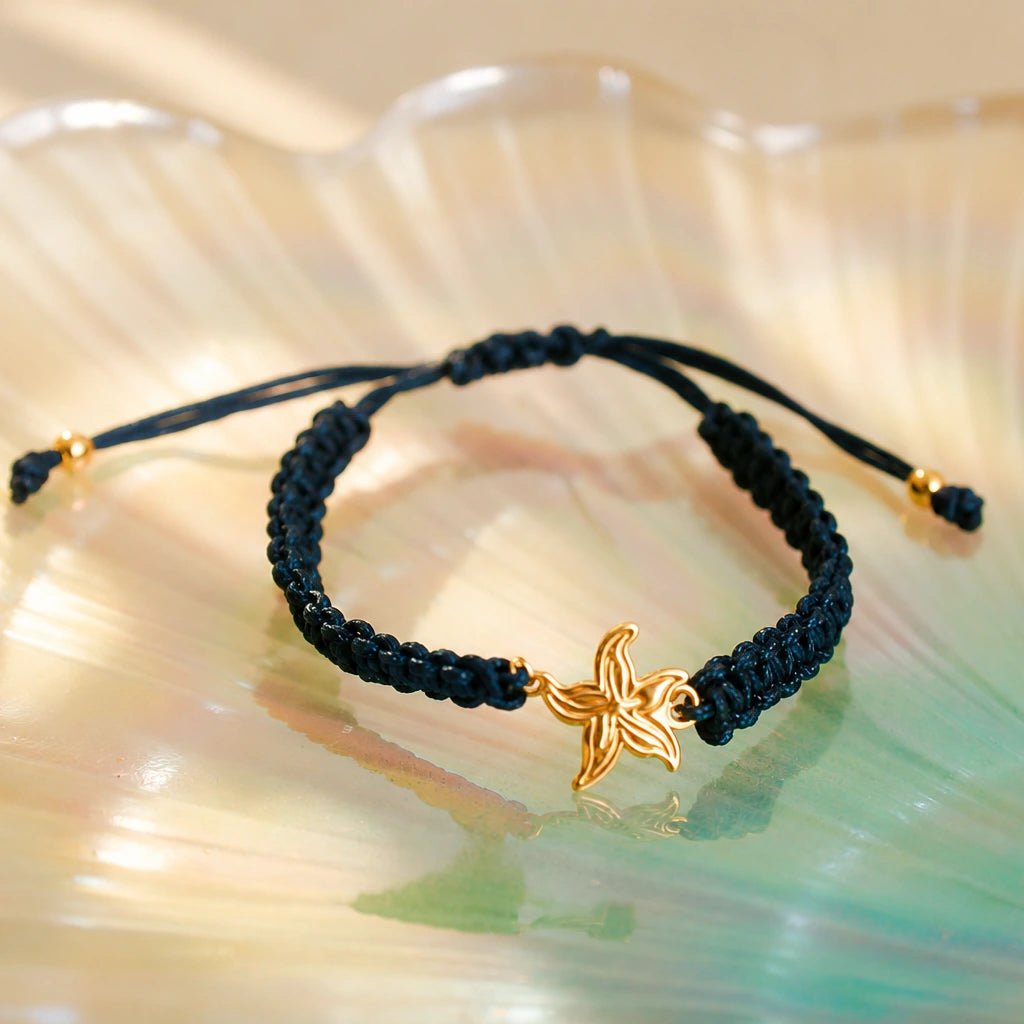 Pulseira em Nylon Azul com Estrela do Mar em Prata Dourada - Loja do Ouro