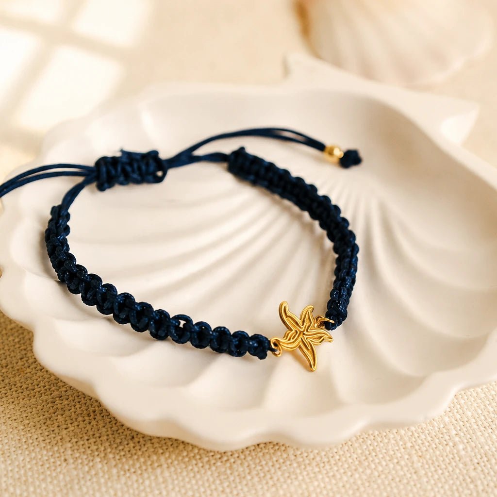 Pulseira em Nylon Azul com Estrela do Mar em Prata Dourada - Loja do Ouro