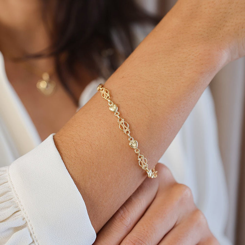 Pulseira em Ouro 19kl com Elos e Corações (19.5cm) - Loja do Ouro