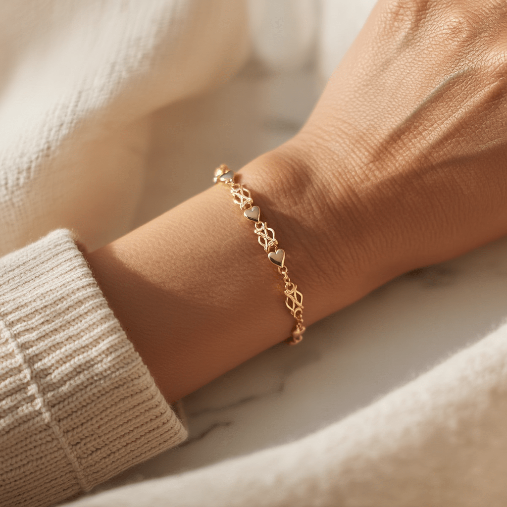 Pulseira em Ouro 19kl com Elos e Corações (19.5cm) - Loja do Ouro