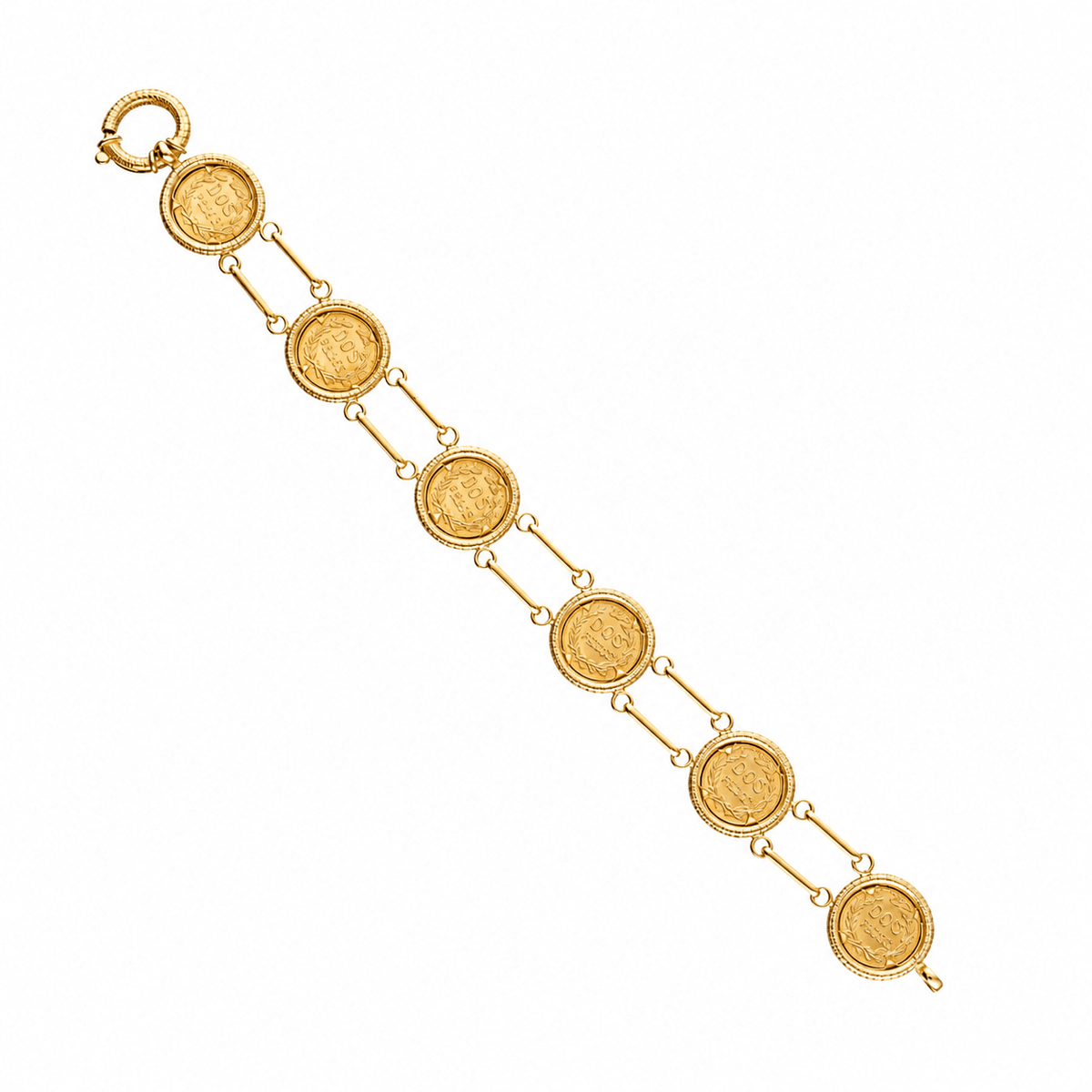 Pulseira em Ouro 19kl com Moedas de 2 Pesos Mexicanos em Ouro 21.6kl (18.2cm) - Loja do Ouro