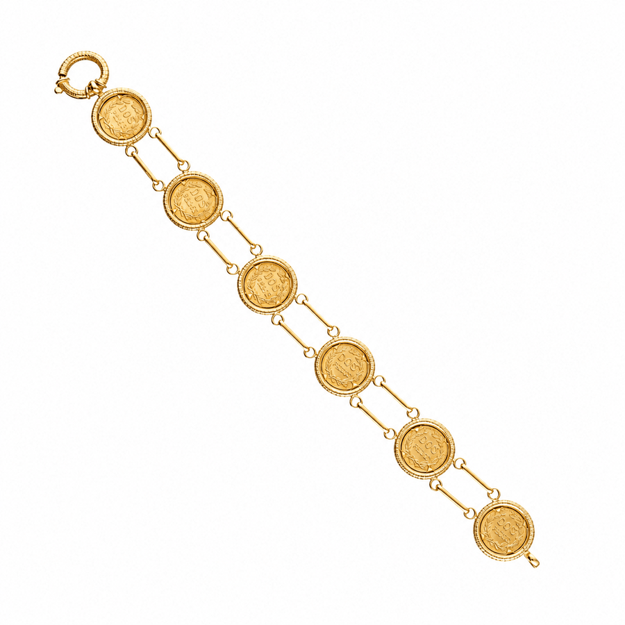 Pulseira em Ouro 19kl com Moedas de 2 Pesos Mexicanos em Ouro 21.6kl (18.2cm) - Loja do Ouro