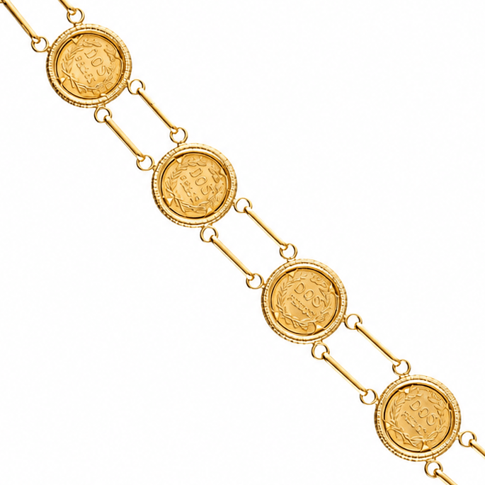 Pulseira em Ouro 19kl com Moedas de 2 Pesos Mexicanos em Ouro 21.6kl (18.2cm) - Loja do Ouro