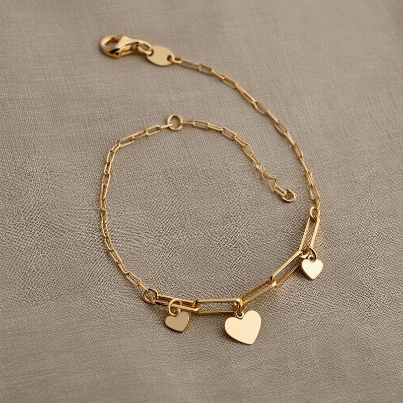 Pulseira em Prata Dourada com Corações (15cm) - Loja do Ouro