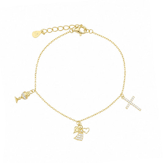 Pulseira em Prata Dourada e Zircónias adornada com Anjo, Cruz e Calice - Loja do Ouro