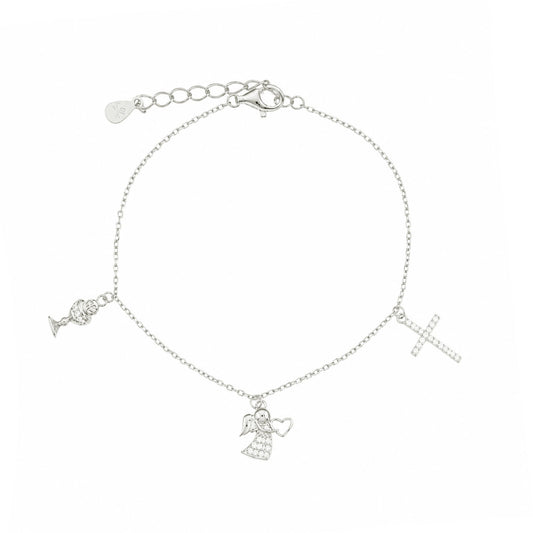 Pulseira em Prata e Zircónias adornada com Anjo, Cruz e Cálice - Loja do Ouro