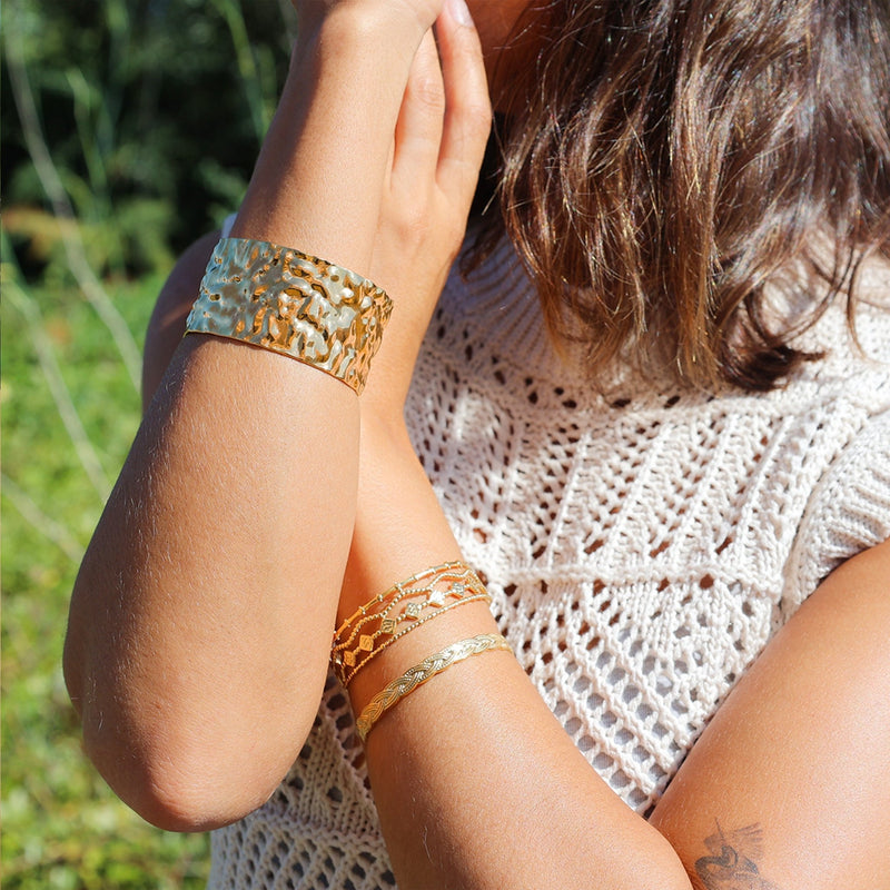 Pulseira Escrava Larga em Aço Dourado - Loja do Ouro