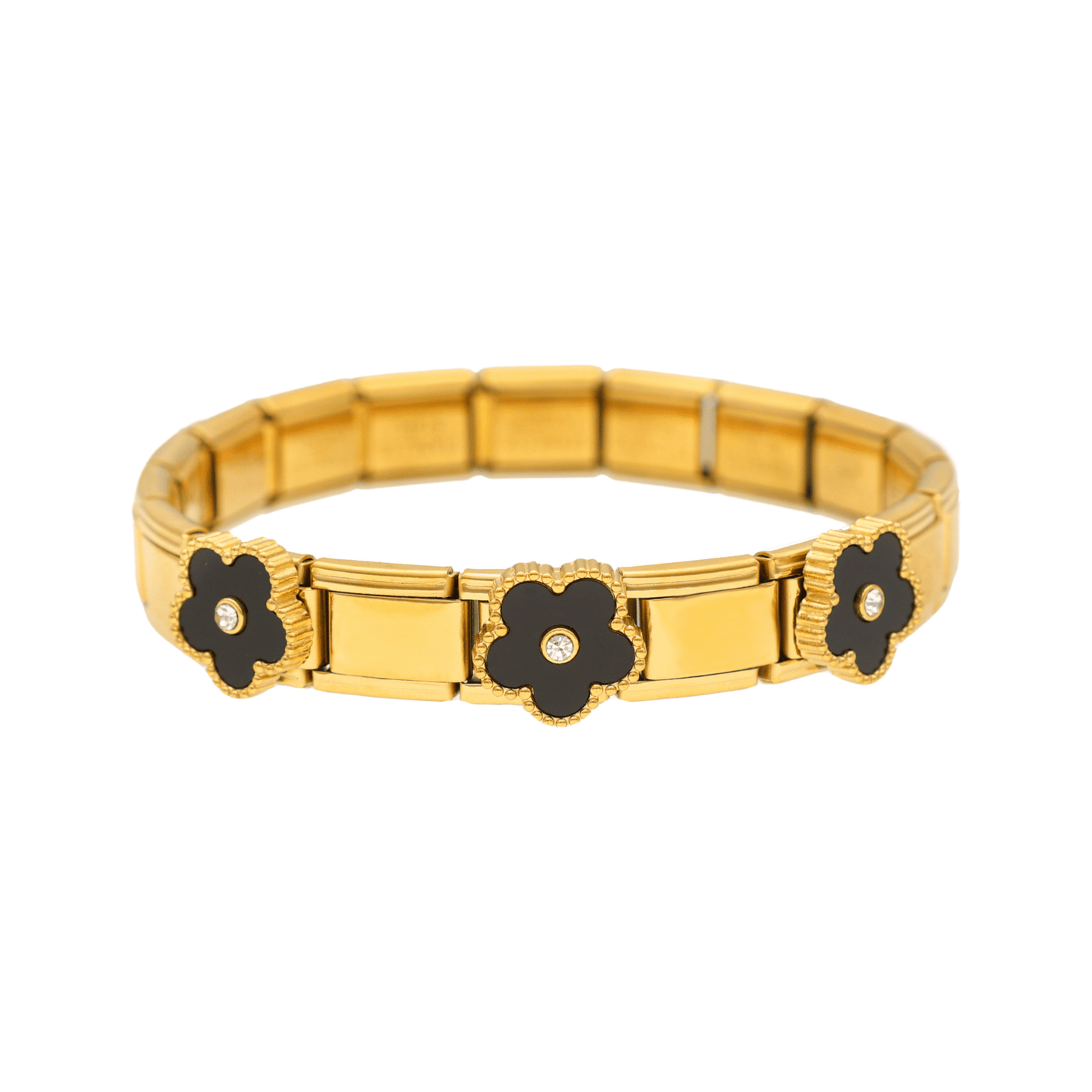 Pulseira Flor de Lotus em Aço Dourado com Flores Pretas - Loja do Ouro