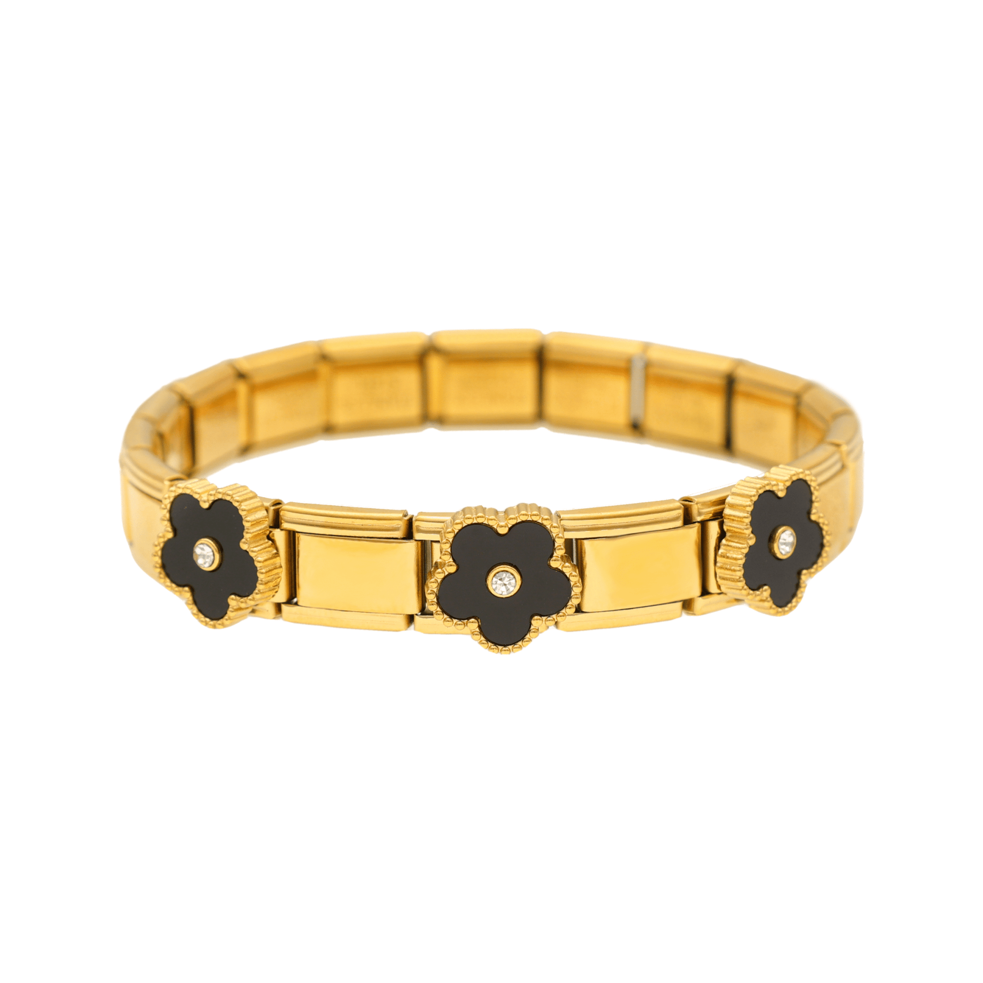 Pulseira Flor de Lotus em Aço Dourado com Flores Pretas - Loja do Ouro