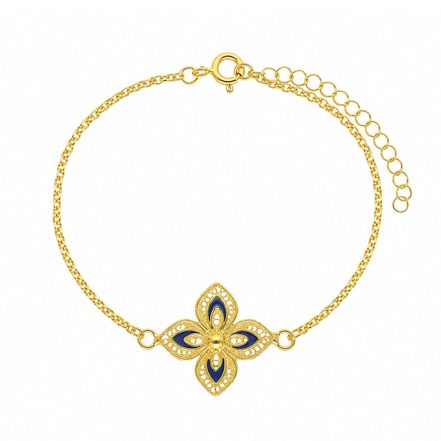 Pulseira Flor em Prata Dourada e Esmalte Azul - Loja do Ouro