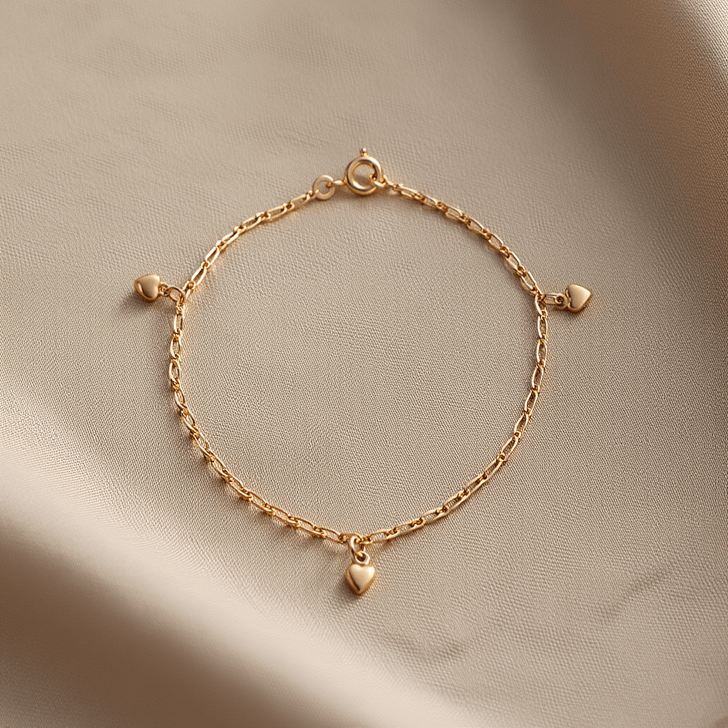 Pulseira Malha 1x1 com Corações em Ouro 19kl (15cm) - Loja do Ouro