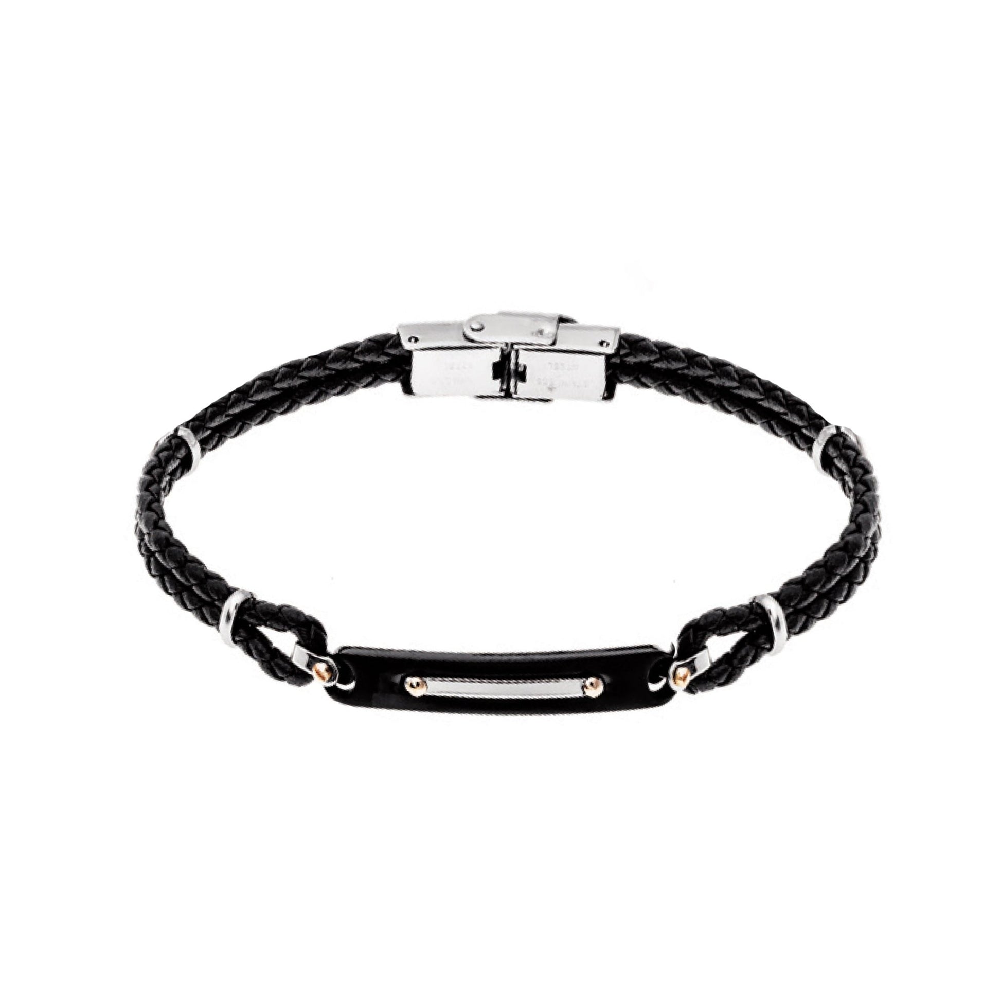 Pulseira Thor em Couro Preto Entrançado e Chapa em Aço Negro - Loja do Ouro