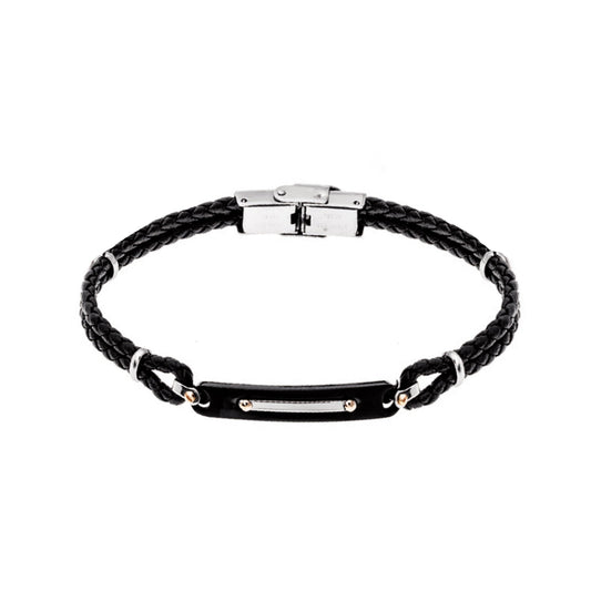 Pulseira Thor em Couro Preto Entrançado e Chapa em Aço Negro - Loja do Ouro