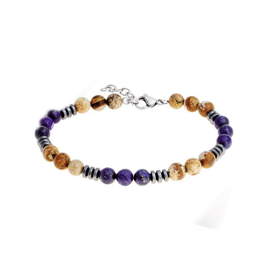 Pulseira Universus em Aço com Pedras Naturais Castanhas e Azuis - Loja do Ouro