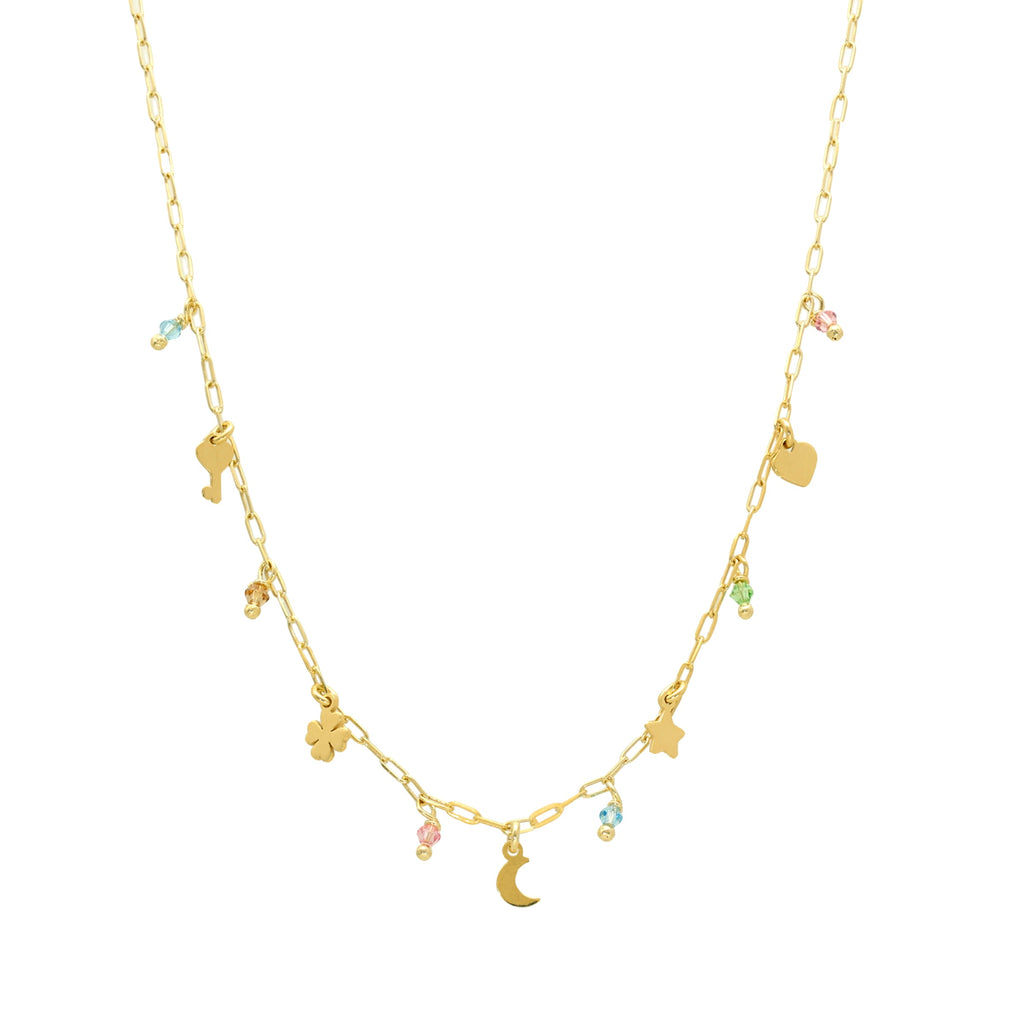 Colar em Prata Dourada com Amuletos e Contas Coloridas Loja do Ouro